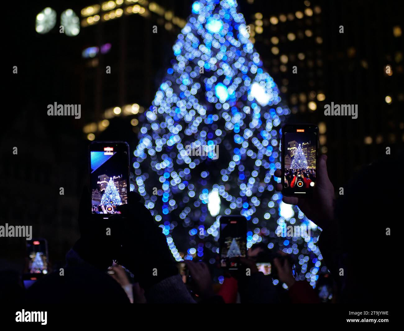 Toronto, Canada. 25 novembre 2023. Le persone stanno scattando foto e video alla cerimonia ufficiale di illuminazione dell'albero di Natale di Toronto durante la 57a Cavalcade annuale di luci a Toronto, Ontario, Canada, il 25 novembre 2023. (Foto di Arrush Chopra/NurPhoto)0 crediti: NurPhoto SRL/Alamy Live News Foto Stock