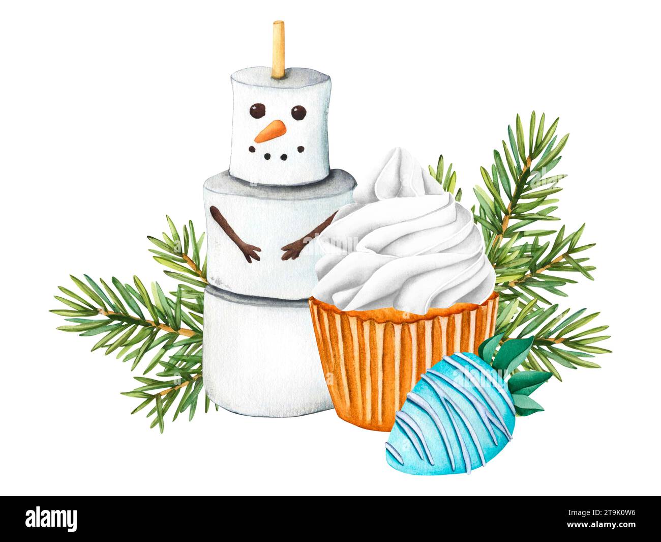 Cupcake con crema bianca, marshmallow pupazzo di neve e fragole con cioccolato blu glassa su fondo di rami di abete. Illustrazione ad acquerello invernale Foto Stock