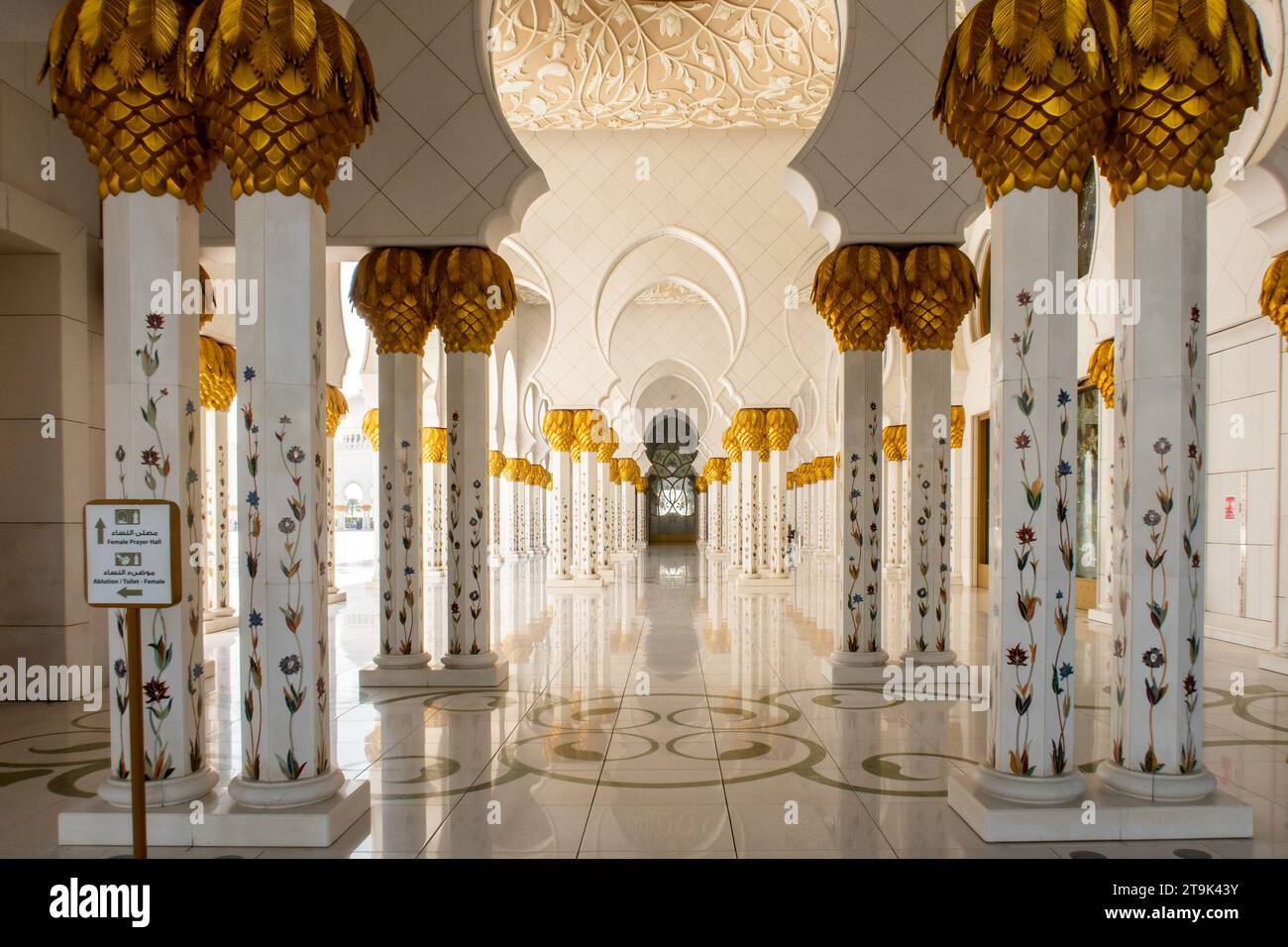 Abu Dhabi, Emirati Arabi Uniti, 08.02.20. La grande Moschea Sheikh Zayed, capolavoro di arte araba, vista interna del cortile con colonne riccamente decorate Foto Stock