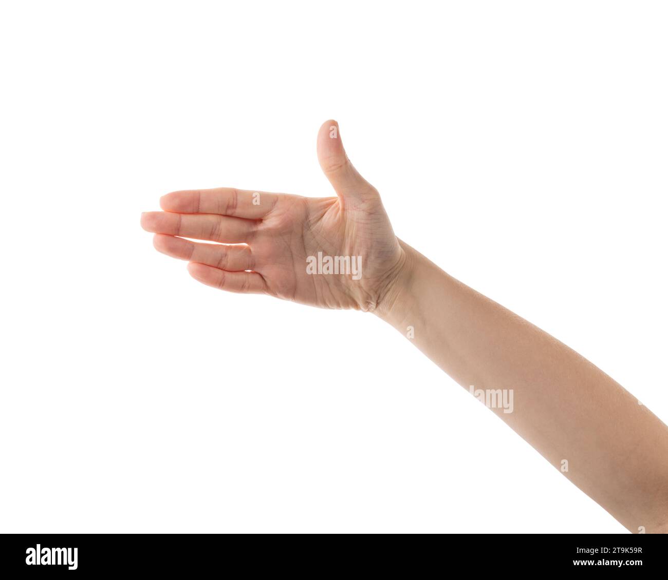 Giovane donna mano per stretta di mano isolata su sfondo bianco Foto Stock
