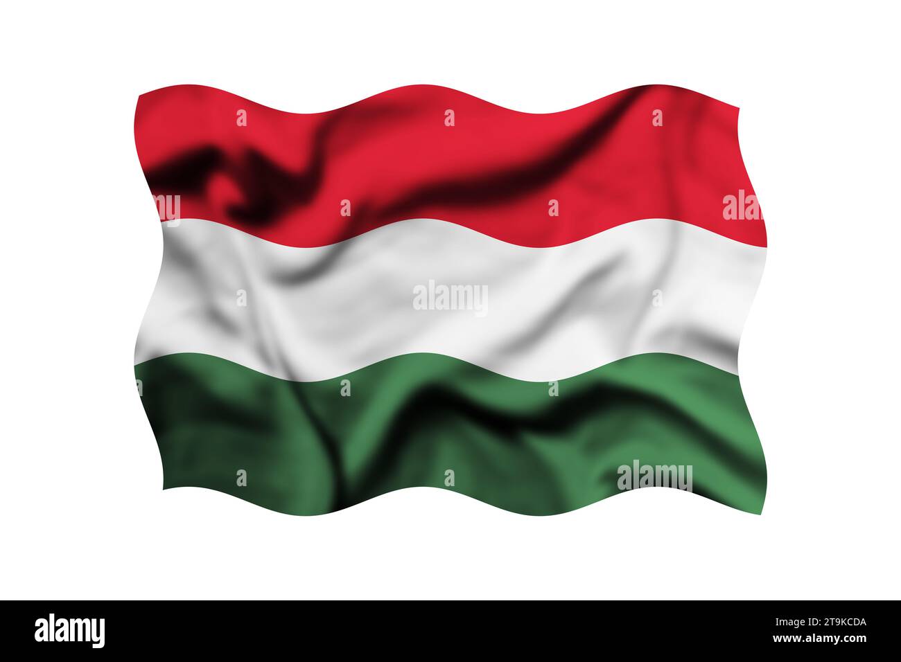 La bandiera dell'Ungheria sventola nel vento isolato su uno sfondo bianco. rendering 3d. Tracciato di ritaglio incluso Foto Stock