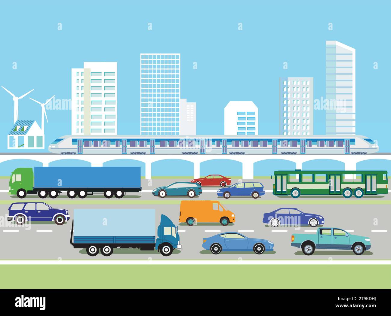 Sagoma di una città con traffico, illustrazione Illustrazione Vettoriale