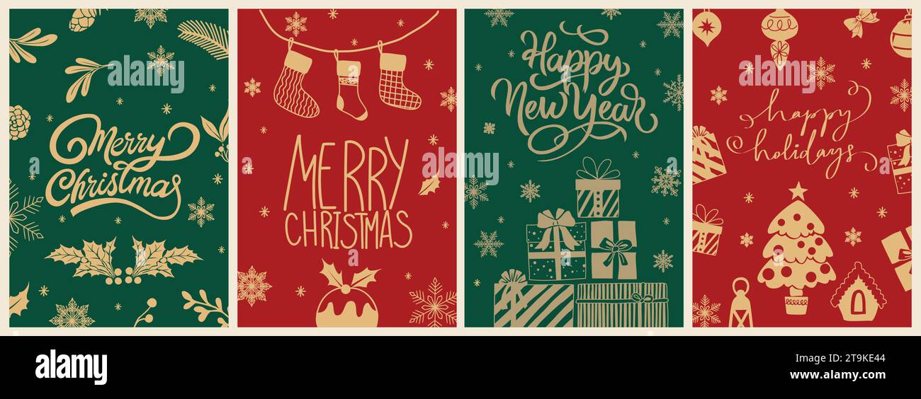 Set di carte vettoriali disegnate a mano per le vacanze invernali. Illustrazione Vettoriale