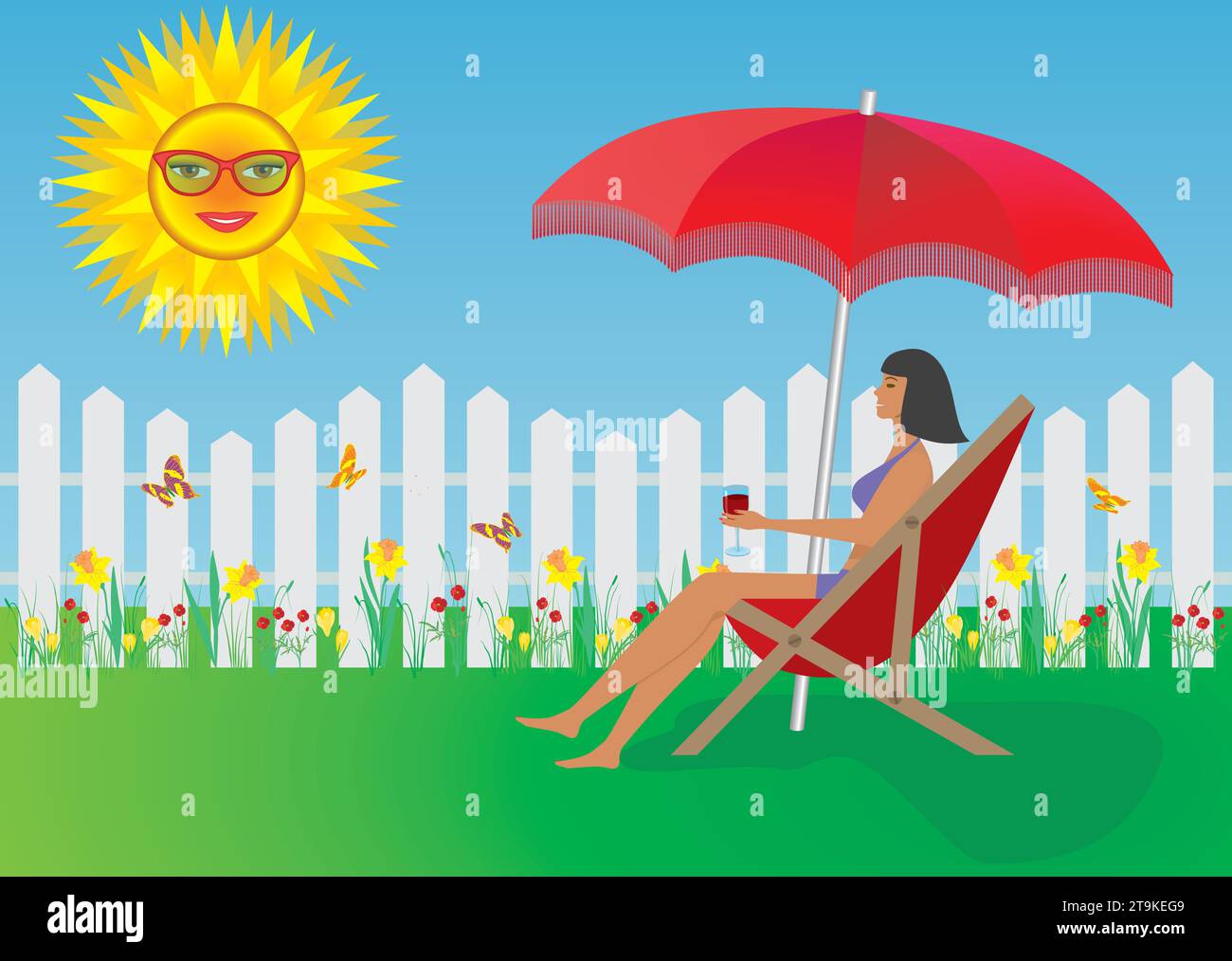 Donna che si gode la sua casa e il suo giardino d'estate. Illustrazione vettoriale. Illustrazione Vettoriale