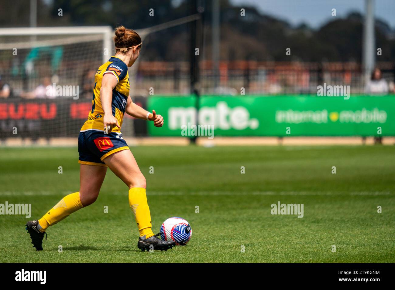 Bundoora, Australia. 26 novembre 2023. Il difensore del Central Coast Mariners FC Annabel Martin (#5) lancia la palla all'ala. Crediti: James Forrester/Alamy Live News Foto Stock