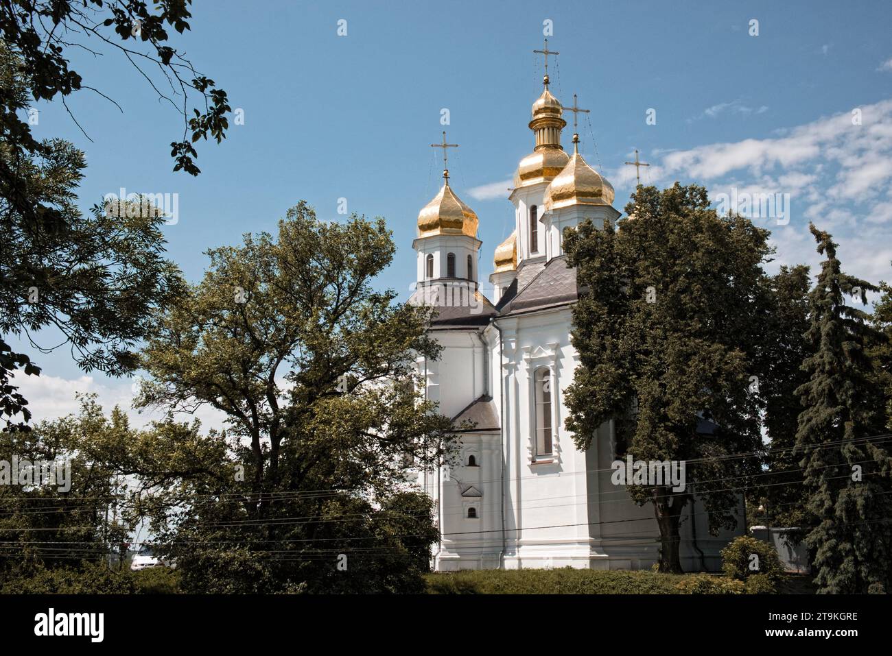 Una chiesa con cupole dorate e croci in cima, circondata da alberi. La Chiesa di Catherine. La Chiesa ortodossa nella città Ucraina di Chernigov, un arco Foto Stock