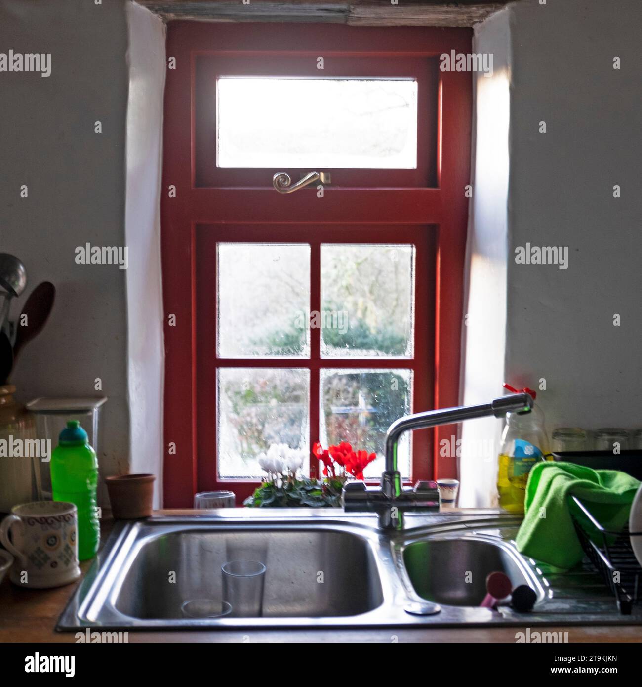 Vista dalla finestra con condensazione e lavandino da cucina in acciaio inox nella casa rurale in Carmarthenshire Galles Regno Unito KATHY DEWITT Foto Stock