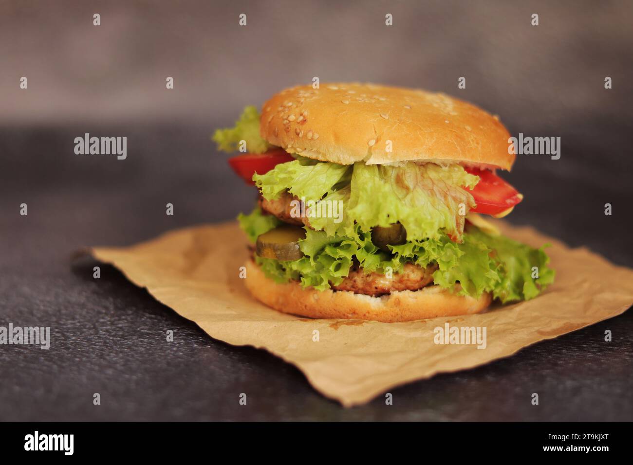 Doppio cheeseburger su sfondo grigio. Succulento e gustoso hamburger da vicino, vista laterale. Fast food Foto Stock