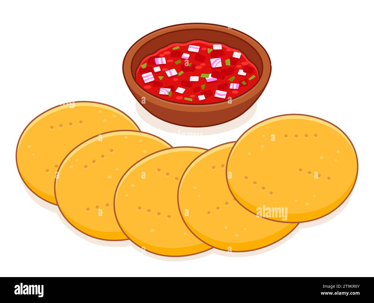 Sopaipillas con pebre, tradizionale disegno di cibo cileno. Pane fritto e salsa. Semplice illustrazione vettoriale dei cartoni animati. Illustrazione Vettoriale