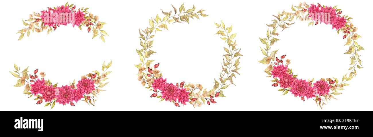 Set di ghirlande acquerelli con dalie, fiori secchi e fianchi di rosa. Composizioni pronte per stampe, poster, cartoline, inviti, congratulazioni, Foto Stock
