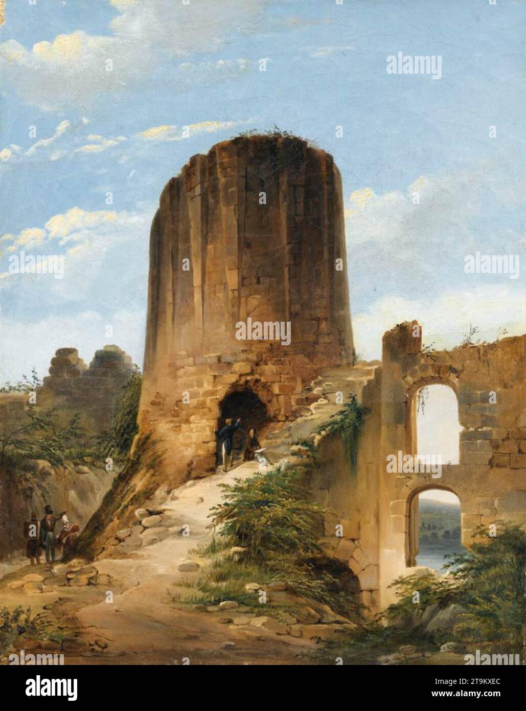 Young Artist Painting by the Dungeon of Château Gaillard 1824 di Auguste-Xavier Leprince Foto Stock