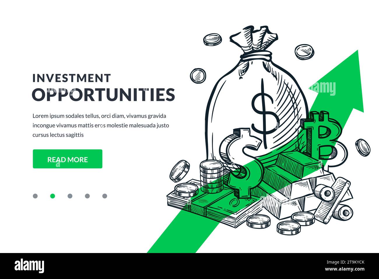 Strategia di investimento, risparmio di denaro e crescita finanziaria concetto di business. Barre d'oro, dollari, monete, bitcoin criptovaluta su sfondo con freccia verde. Ha Illustrazione Vettoriale