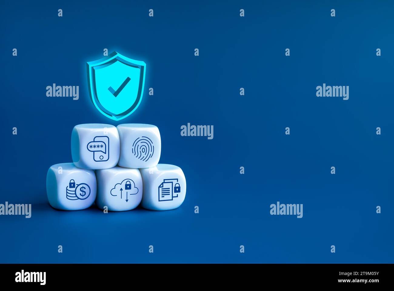 lucchetto 3d shield su blocchi bianchi con scansione delle impronte digitali, autenticazione in due fasi, banking e cloud, icone delle informazioni personali, sfondo blu. Cybe Foto Stock