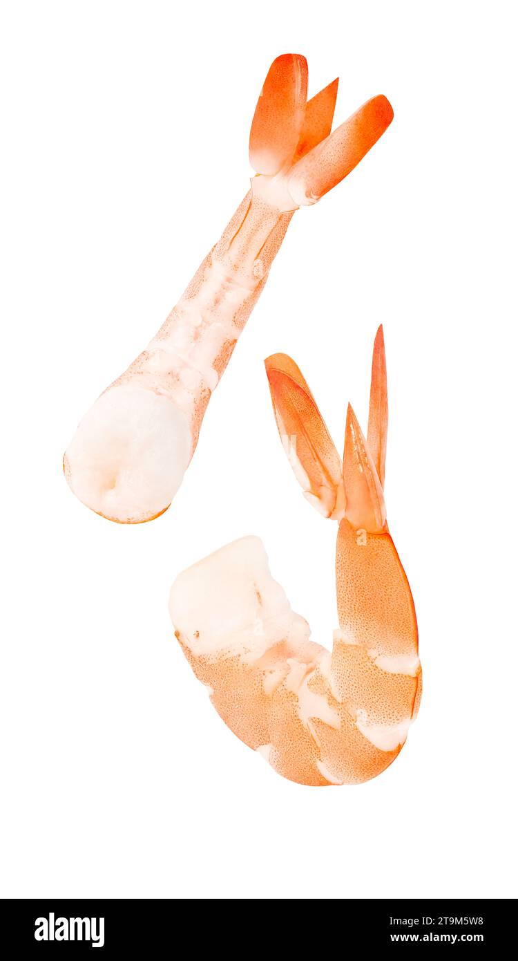 Gamberi sbucciati, gamberi cotti, due gamberi che cadono, appesi, volando isolati su sfondo bianco con sentiero di ritaglio. Foto Stock
