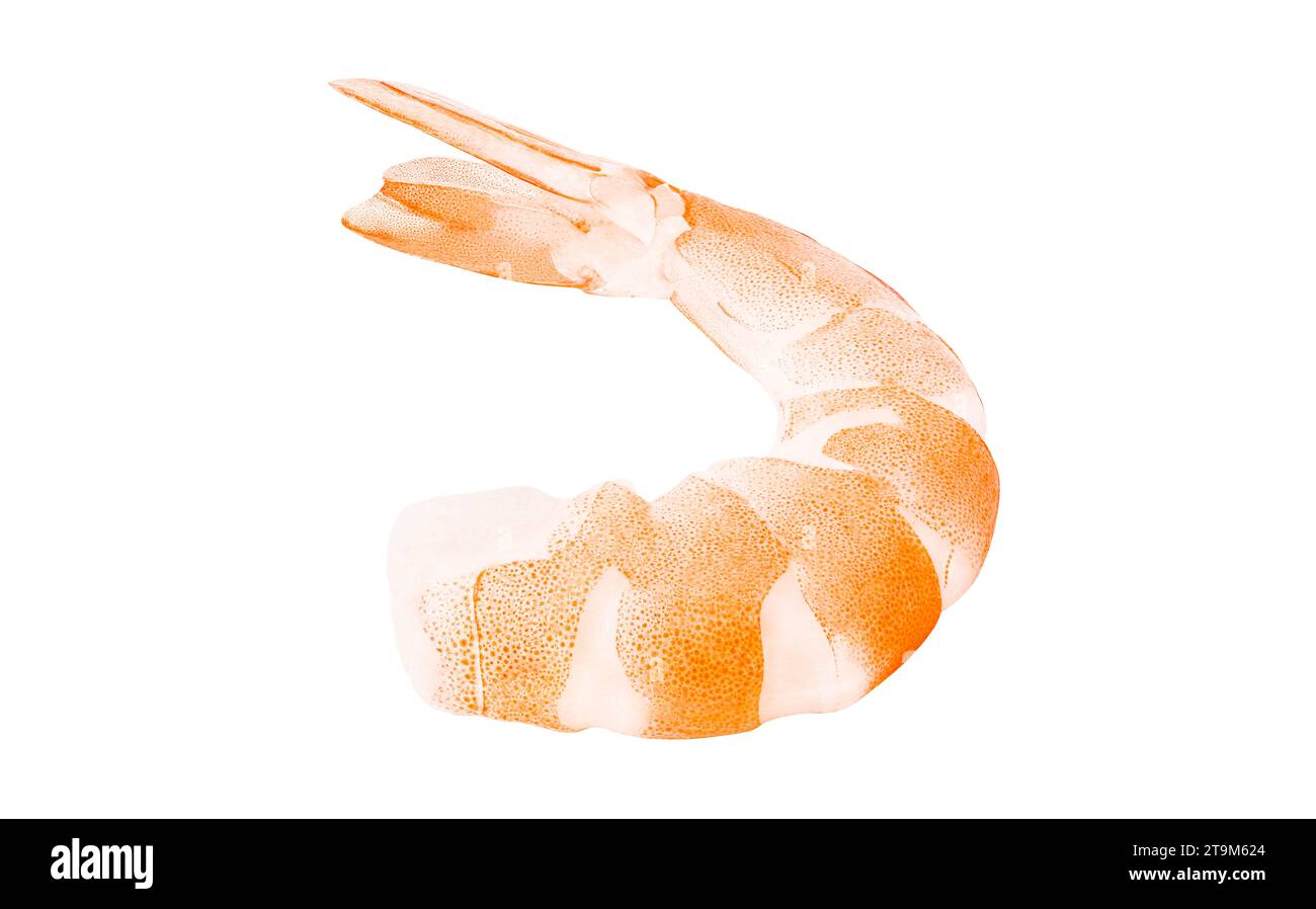 Gamberetti cotti, senza testa, sbucciati isolati su sfondo bianco con percorso di ritaglio, elemento del design della confezione. Foto Stock