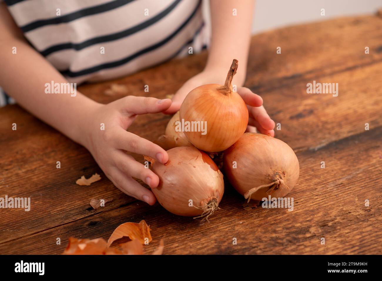Perla culinaria: Un bambino tiene una cipolla completa, che mostra il valore nutrizionale e il piacere di incorporare questa gemma culinaria nei piatti Foto Stock