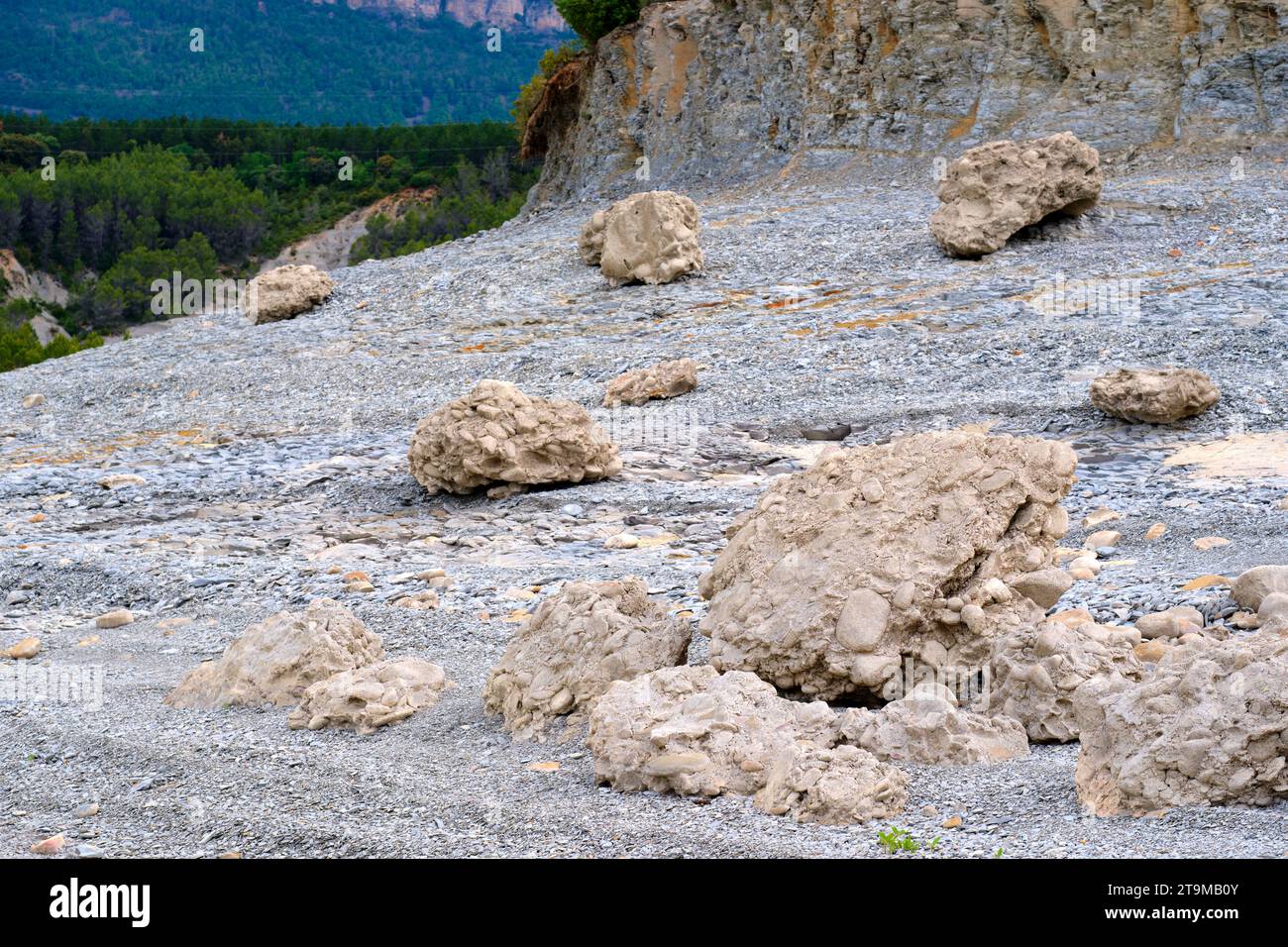 Terreno roccioso con conglomerati sulla riva di una palude. Foto Stock