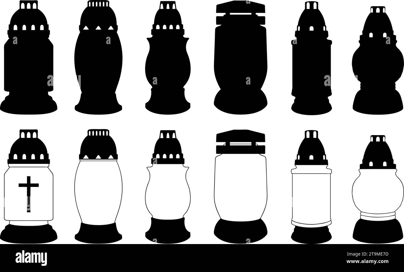Set di diverse candele commemorative del cimitero isolate su bianco Illustrazione Vettoriale