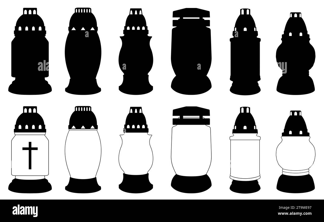 Set di diverse candele commemorative del cimitero isolate su bianco Foto Stock