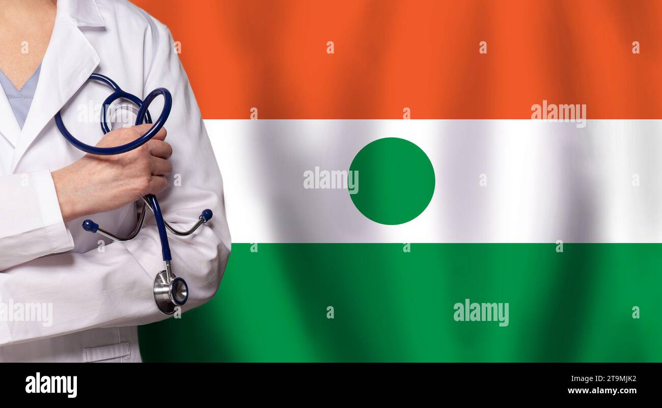 Medicina nigeriana e concetto sanitario. Medico da vicino contro la bandiera del Niger Foto Stock