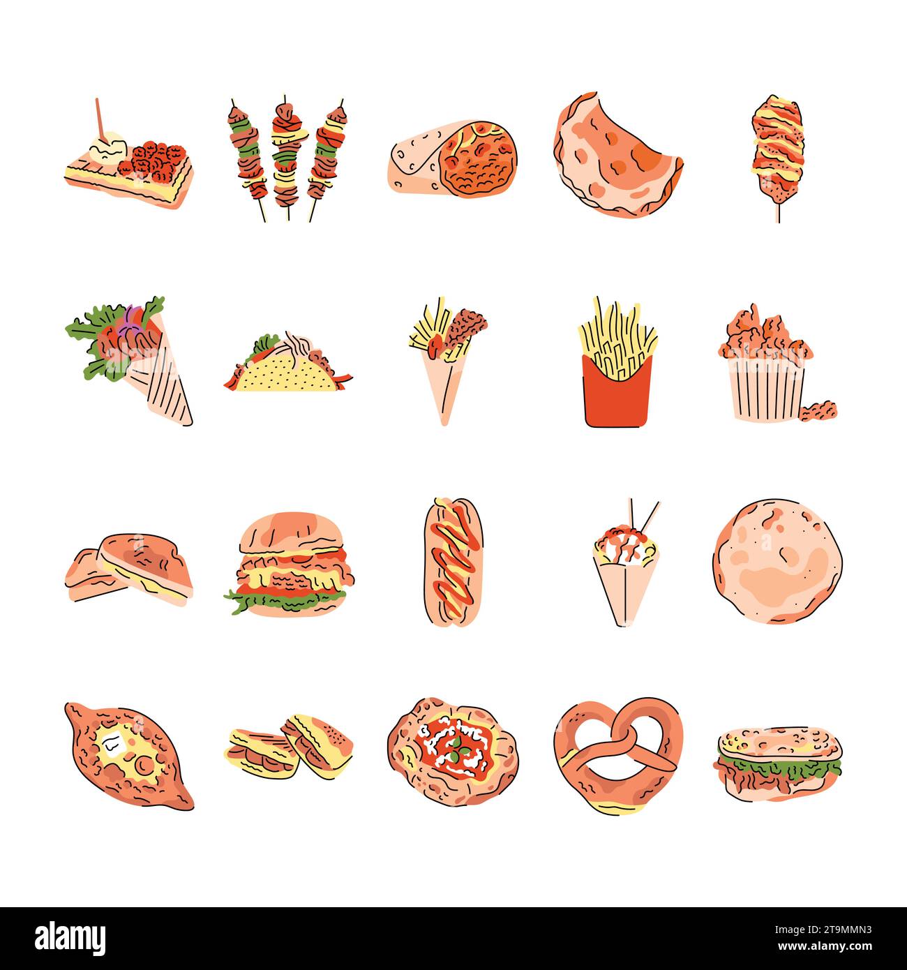 Elementi di colore Street food. Illustrazione vettoriale isolata. Illustrazione Vettoriale