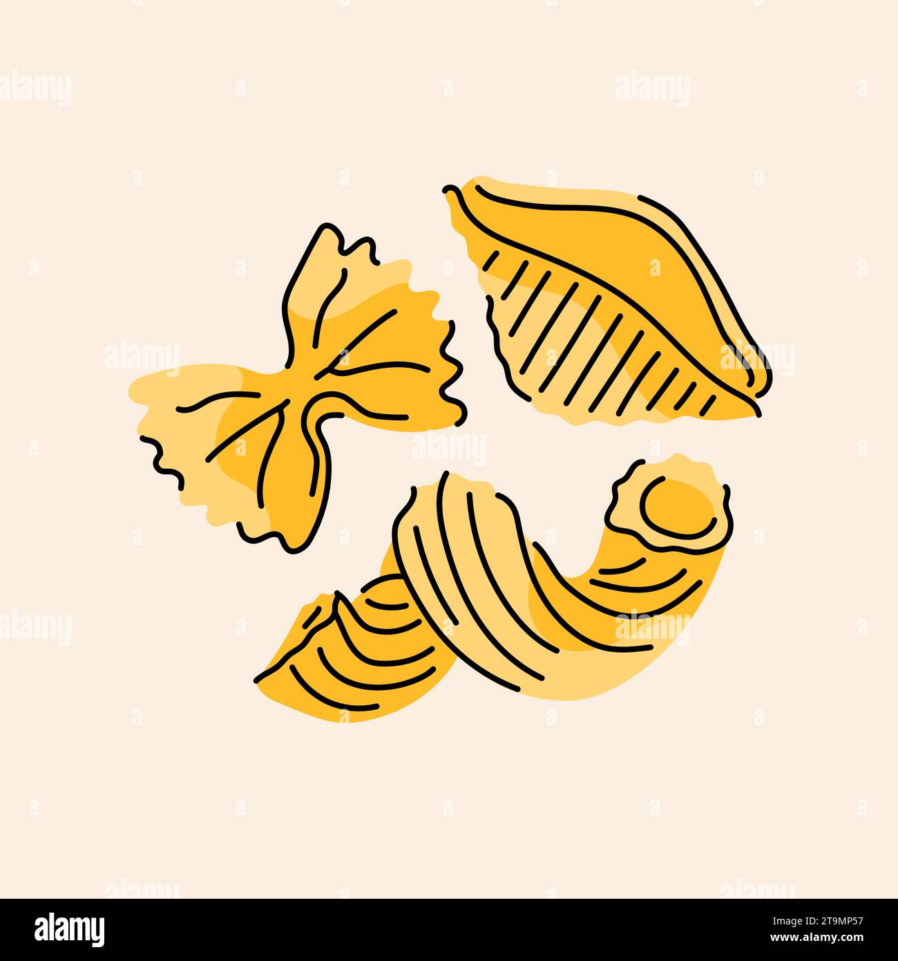 Pasta disegnata a mano: fusilli, elemento di colore farfalle. Cartone animato cibo non trasformato. Illustrazione vettoriale isolata. Illustrazione Vettoriale