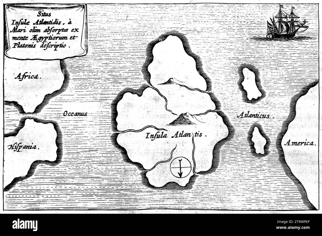 Atlantis. La mappa di Atlantide di Athanasius Kircher, collocandola nel mezzo dell'Oceano Atlantico, da Mundus Subterraneus 1669, pubblicata ad Amsterdam Foto Stock