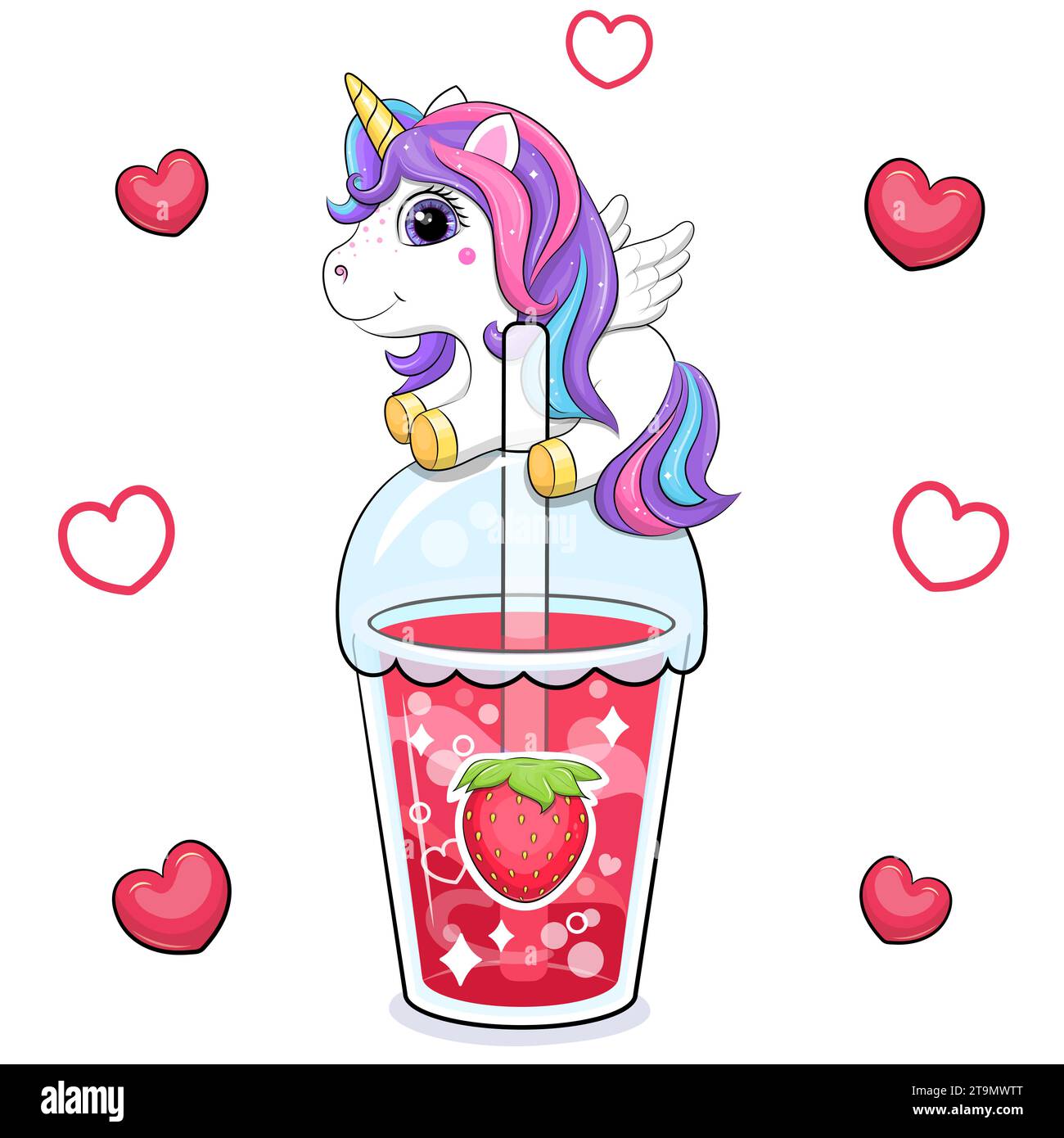 Carino unicorno da cartoni animati con una grande bevanda alla fragola. Illustrazione vettoriale di un animale fantasy e di una tazza di acqua rossa su sfondo bianco con cuori rossi Illustrazione Vettoriale