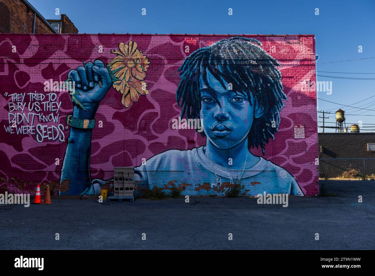 Street art alla periferia di Detroit. Messaggio: Hanno cercato di seppellirci. Non sapevano che eravamo semi. Street art a Detroit, Stati Uniti Foto Stock