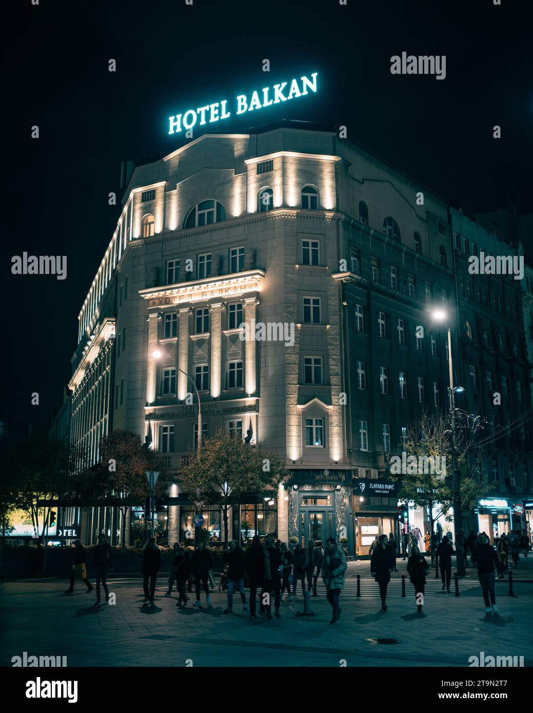 Hotel Balkan di notte a Belgrado, Serbia Foto Stock