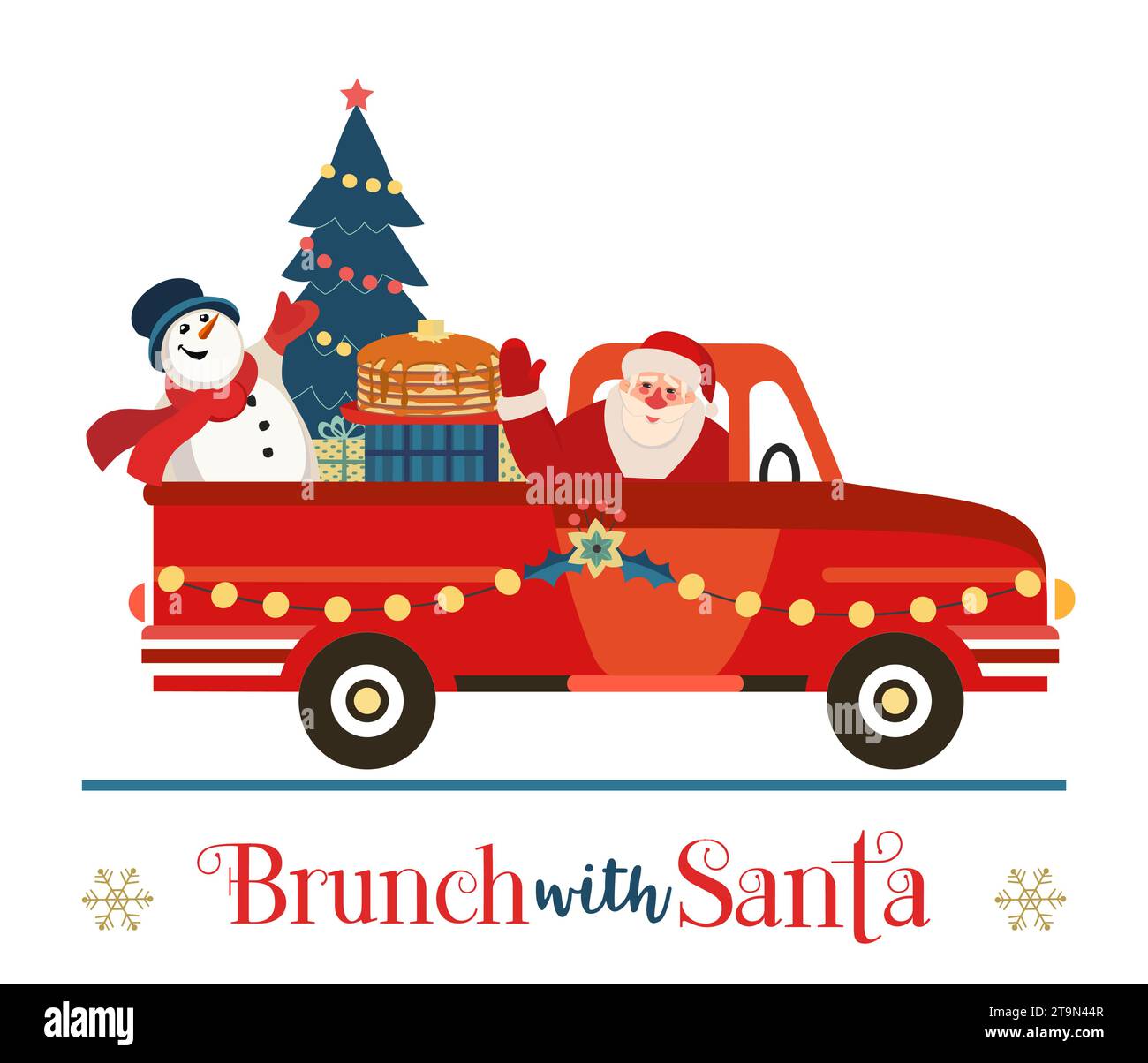Brunch con poster vettoriale di Babbo Natale. Babbo Natale consegna i pancake con un camion rosso. Colazione divertente per i bambini di Natale. Festa di Capodanno Illustrazione Vettoriale