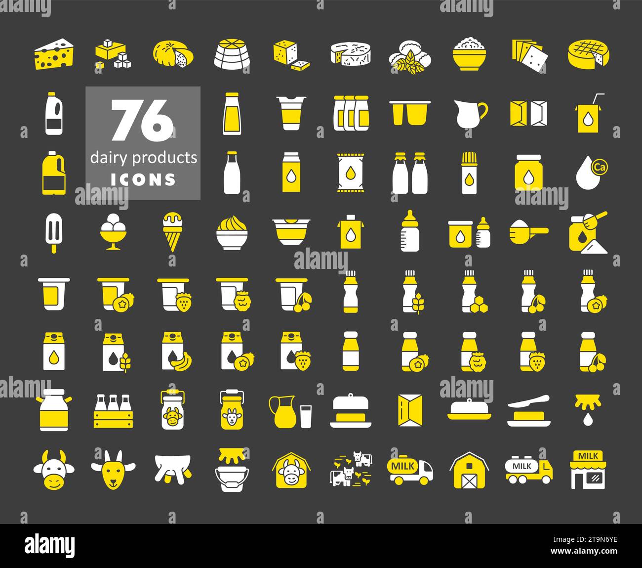 Set di icone per latte, prodotti lattiero-caseari vettoriali su sfondo scuro. Simbolo grafico per la progettazione di siti Web e app per cucinare, logo, app, interfaccia utente Illustrazione Vettoriale
