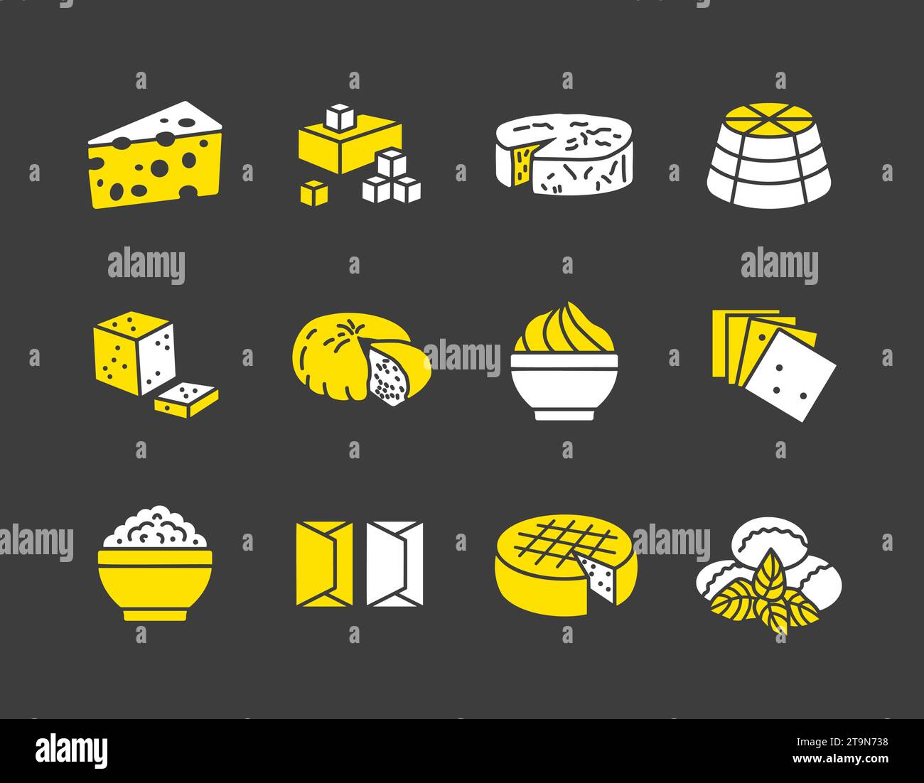 Set di icone vettore formaggio su sfondo scuro. Cartello prodotti lattiero-caseari. Simbolo grafico per la progettazione di siti Web e app per cucinare, logo, app, interfaccia utente Illustrazione Vettoriale