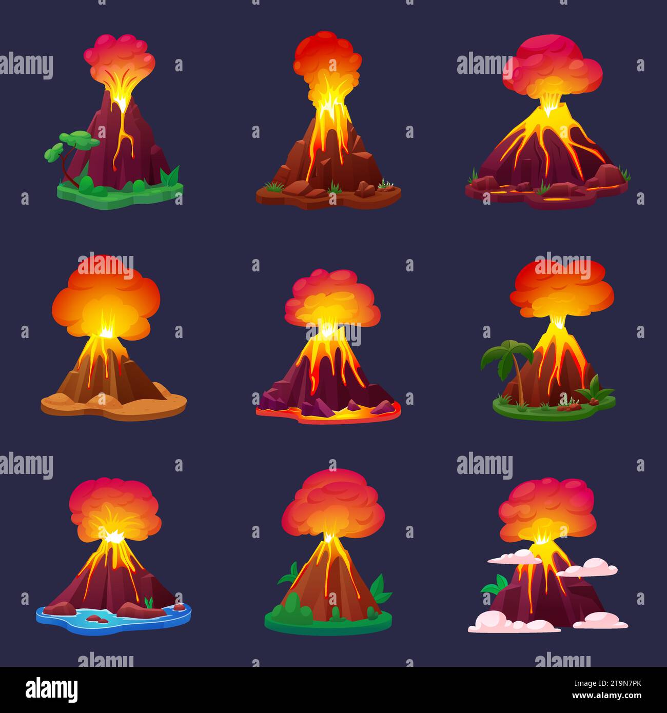 Elementi vulcanici dei cartoni animati. Vulcani eruttivi, fuoco isolato, magma e lava dalle montagne. Esplosione della natura, cataclisma eruttato insieme vettoriale Illustrazione Vettoriale