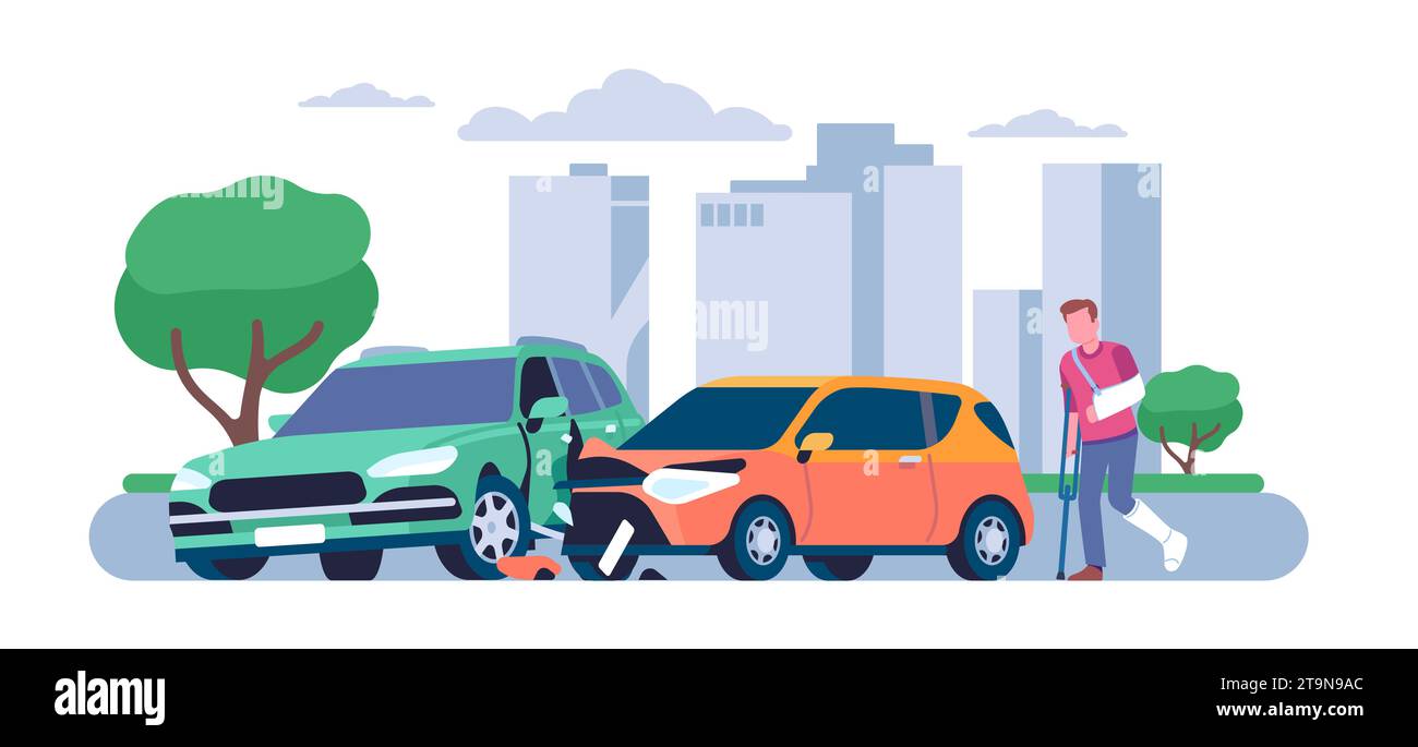 L'uomo è rimasto ferito in un incidente stradale. Collisione durante il trasporto. Auto danneggiate. Vittima disabile con stampelle e gamba in gesso. Impatto con un pedone. Veicoli Illustrazione Vettoriale
