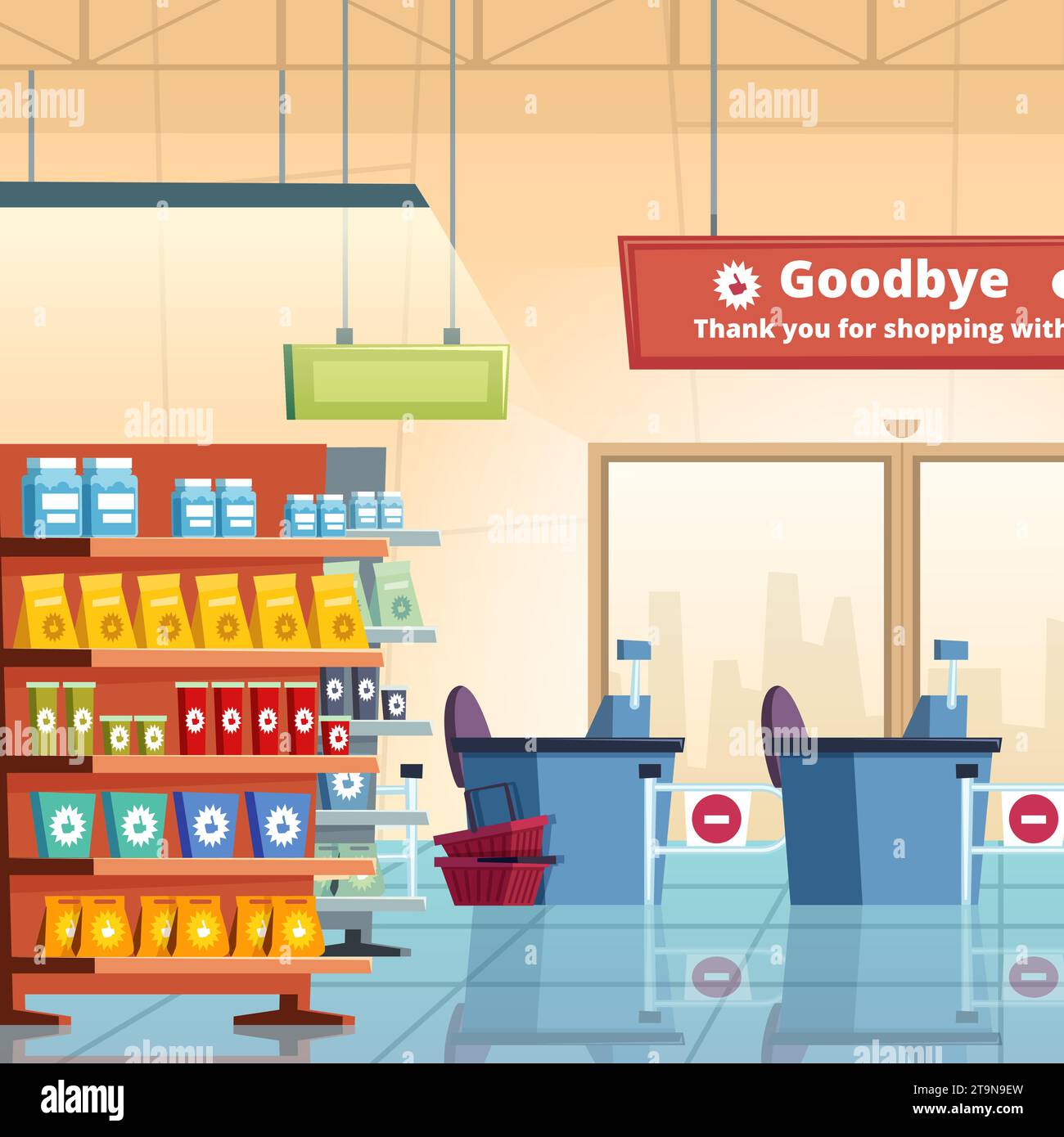 Supermercato. Scaffali alimentari all'interno del supermercato. Sfondo animato vettoriale per interni Illustrazione Vettoriale