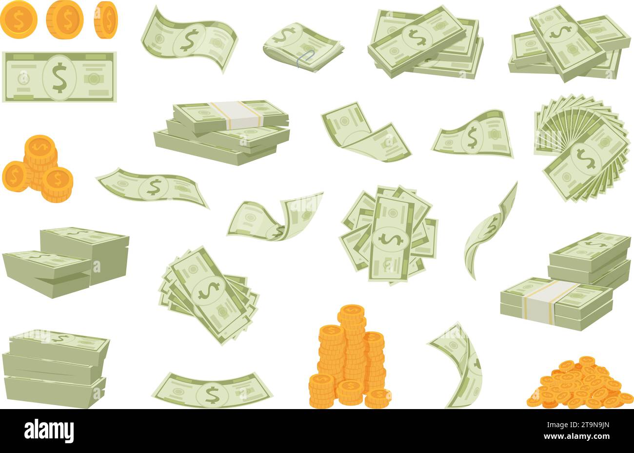 Soldi di carta. Pila di banconote diverse esatto contante in caduta di denaro esatte illustrazioni vettoriali in stile cartone animato Illustrazione Vettoriale