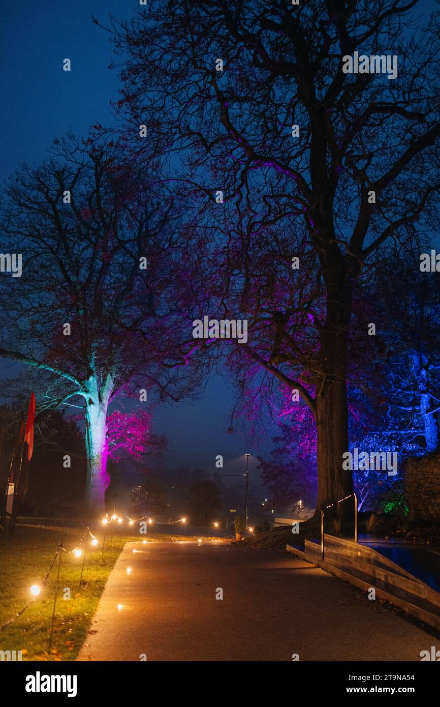 Hay-on-Wye, Galles, Regno Unito. Domenica 26 novembre 2023. Weekend invernale di notte al Festival dell'atomsphere of Hay. Crediti: Sam Hardwick/Alamy Live News. Foto Stock