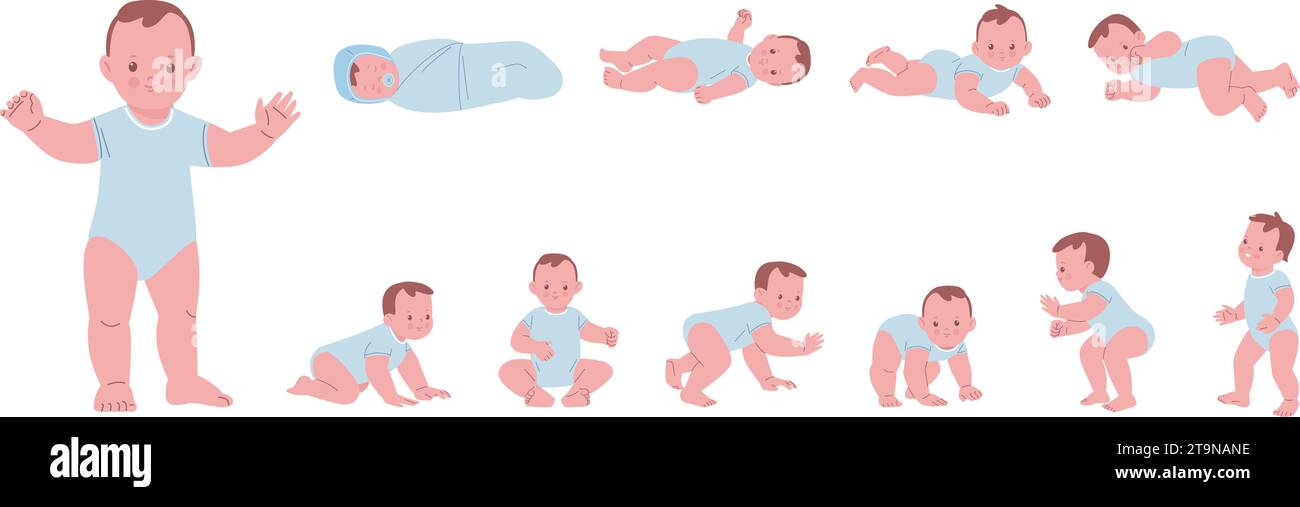 Processo di crescita del bambino. Sviluppo del bambino maschio passo dopo passo. Personaggio vivaio dei cartoni animati, neonato nel primo anno di vita. Graziosa scena vettoriale Kicky Illustrazione Vettoriale