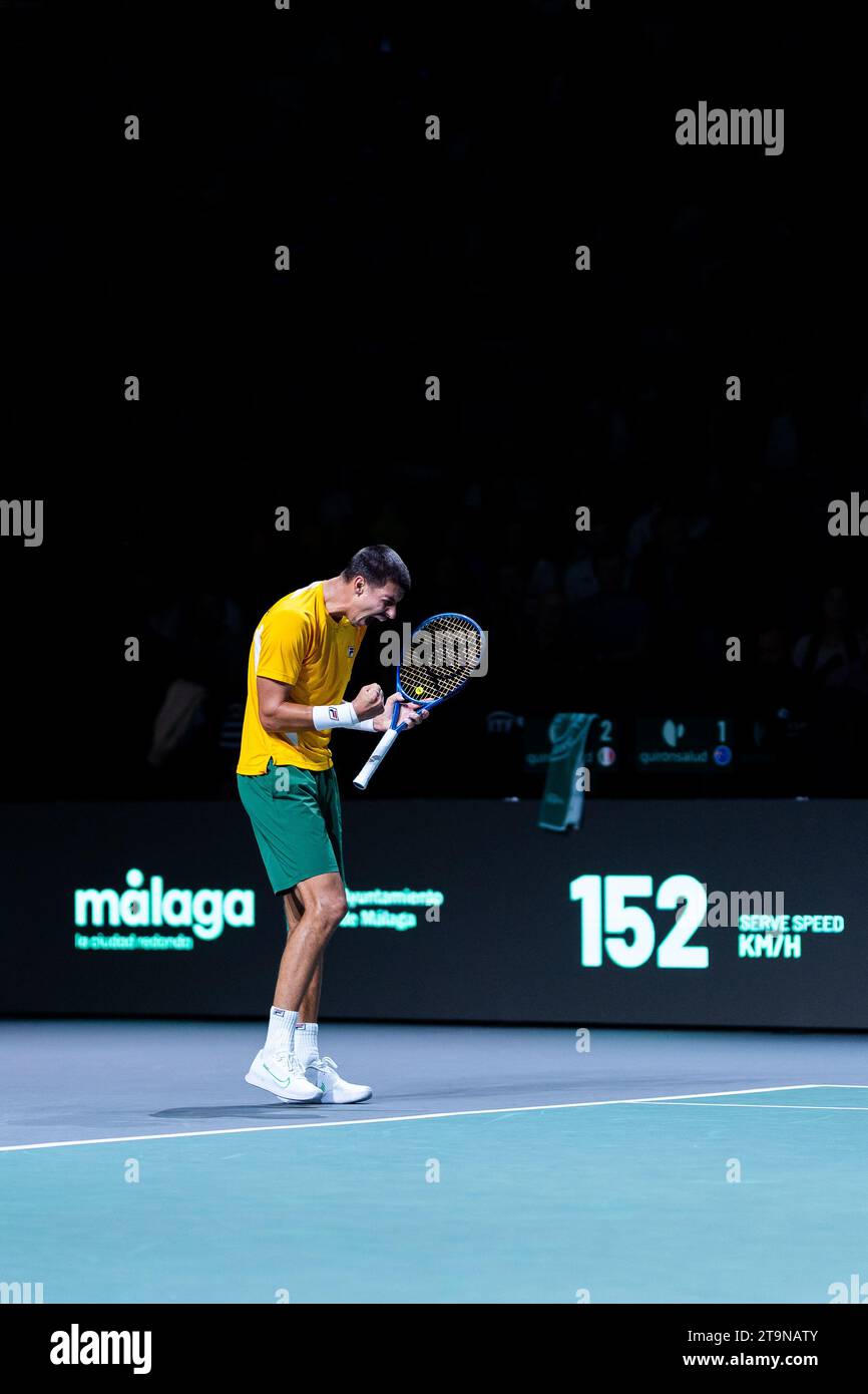 Malaga, Spagna. 26 novembre 2023. L'australiano Alexei Popyrin festeggia la finale 1 di Coppa Davis 2023 tra Australia e Italia al Palacio de los Deportes Jose Maria Martin Carpena. Punteggio finale; Australia 1:2 Italia. Credito: SOPA Images Limited/Alamy Live News Foto Stock