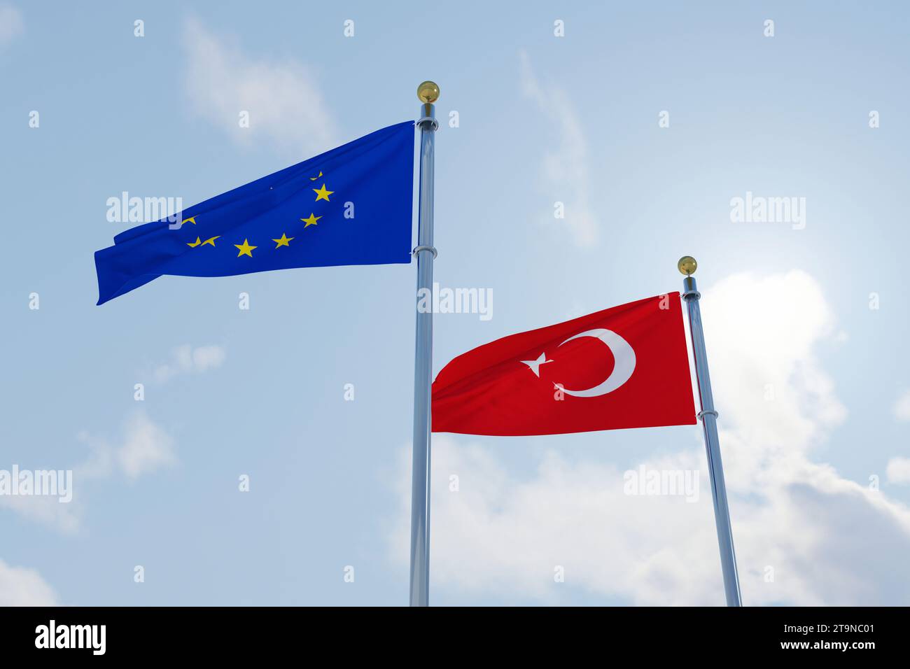 Bandiera dell'Unione europea con la bandiera turca, ingresso di Türkiye nell'Unione europea Foto Stock