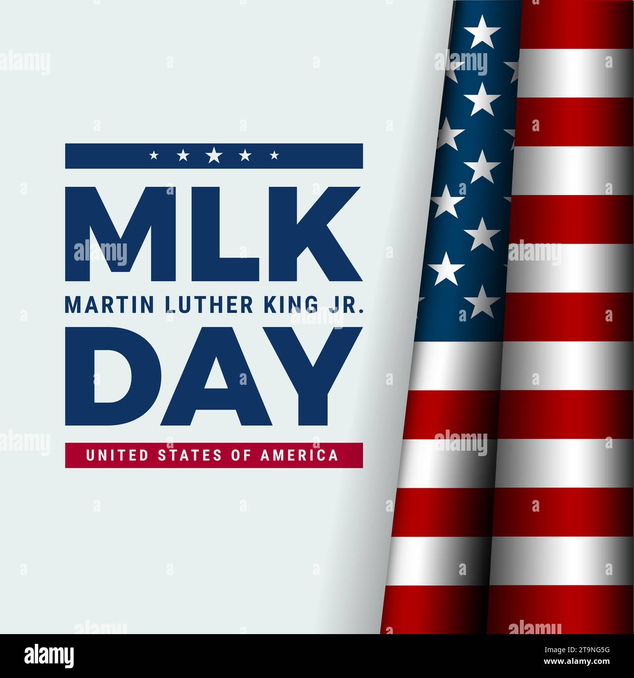 Martin Luther King Jr. Design del banner tipografico del giorno. Lettere MLK Day, bandiera statunitense, sfondo vettoriale azzurro - forma quadrata perfetta per i social media Illustrazione Vettoriale