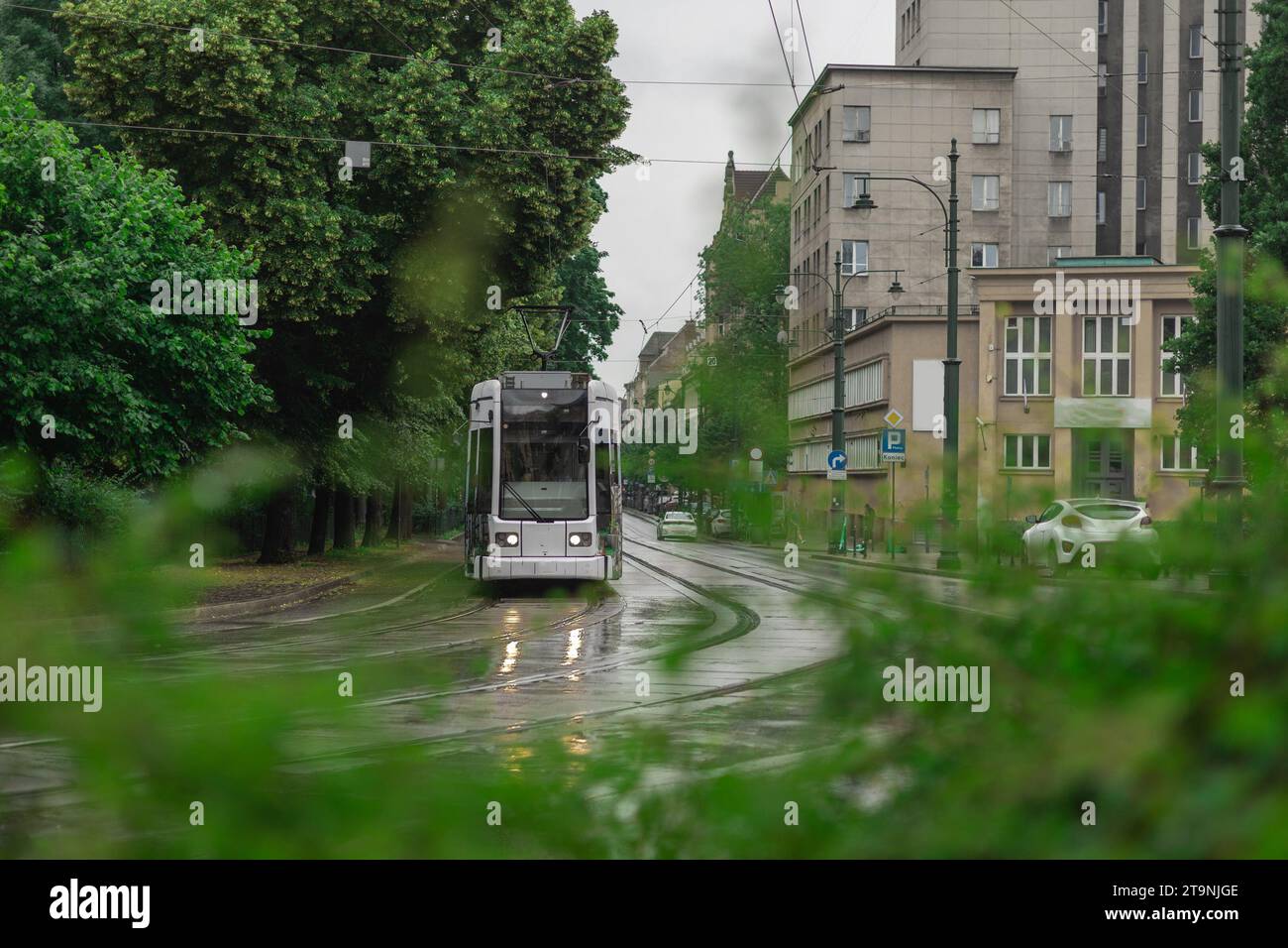 Tram blu polacco nel centro della città di Cracovia in un giorno di pioggia. Bella foto di un tram, servizio pubblico di trasporto durante una leggera pioggia Foto Stock