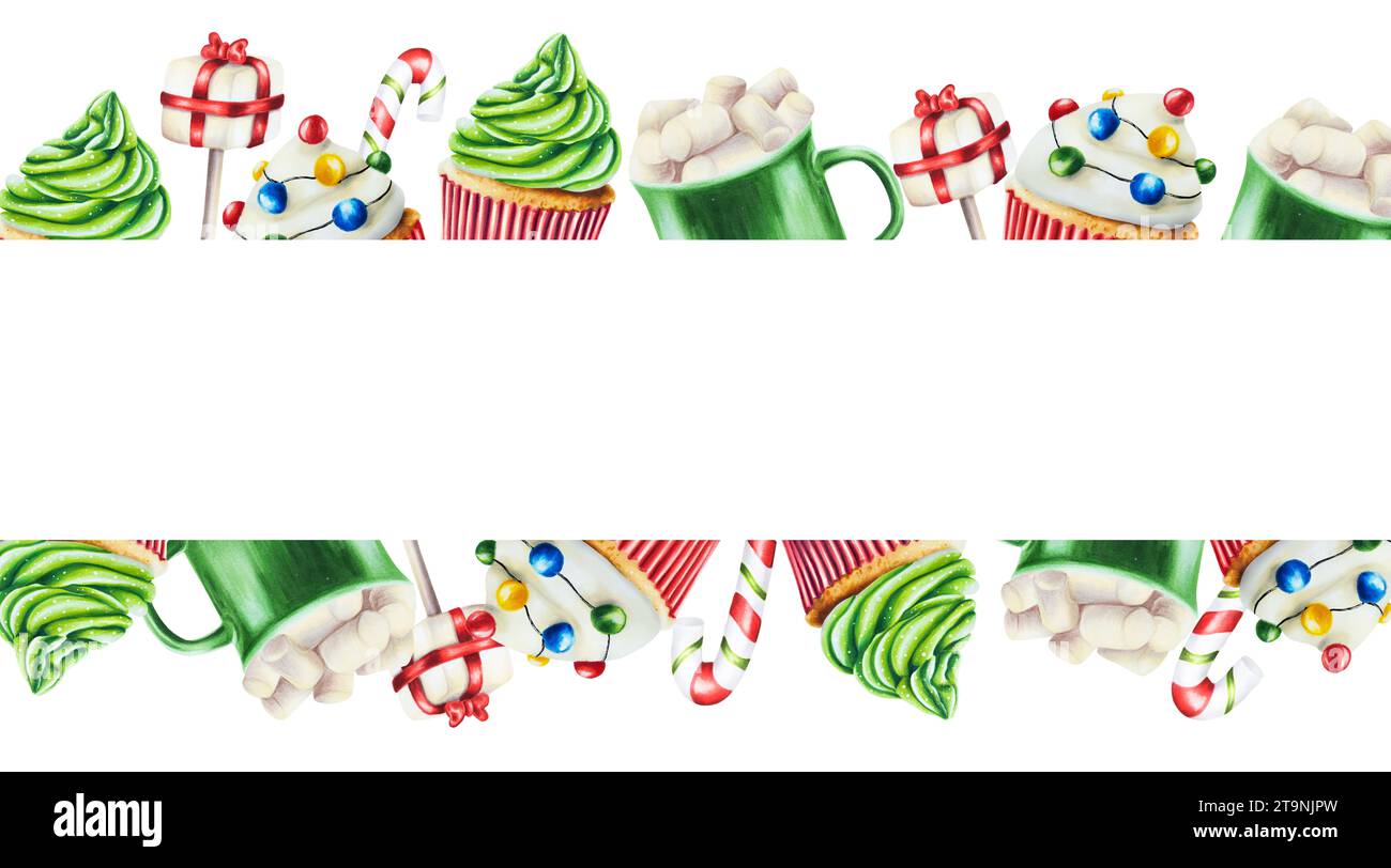 Cornice acquerello, banner, modello con muffin dolci natalizi con panna e caramelle, tazza con marshmallow. Dipinto a mano di Capodanno rosso e verde Foto Stock