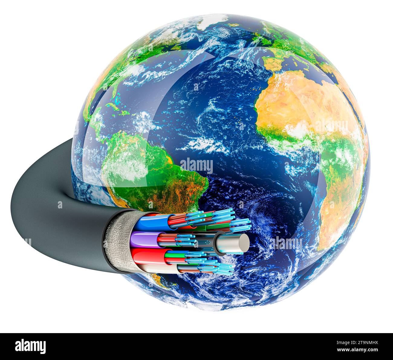 Cavo in fibra ottica con Earth Globe. Rendering 3D isolato su sfondo bianco Foto Stock