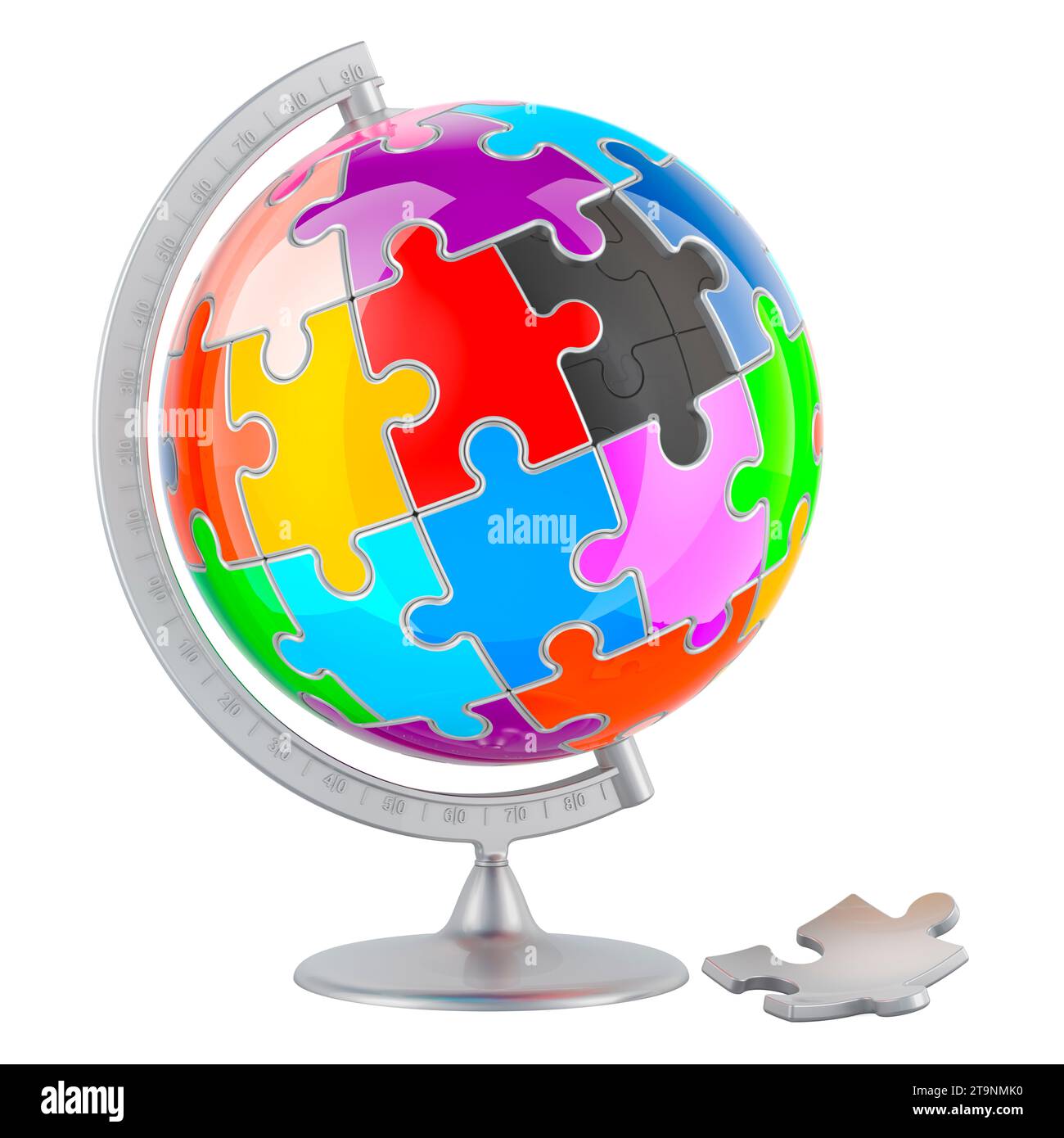 World Globe da puzzle colorati, rendering 3D isolato su sfondo bianco Foto Stock