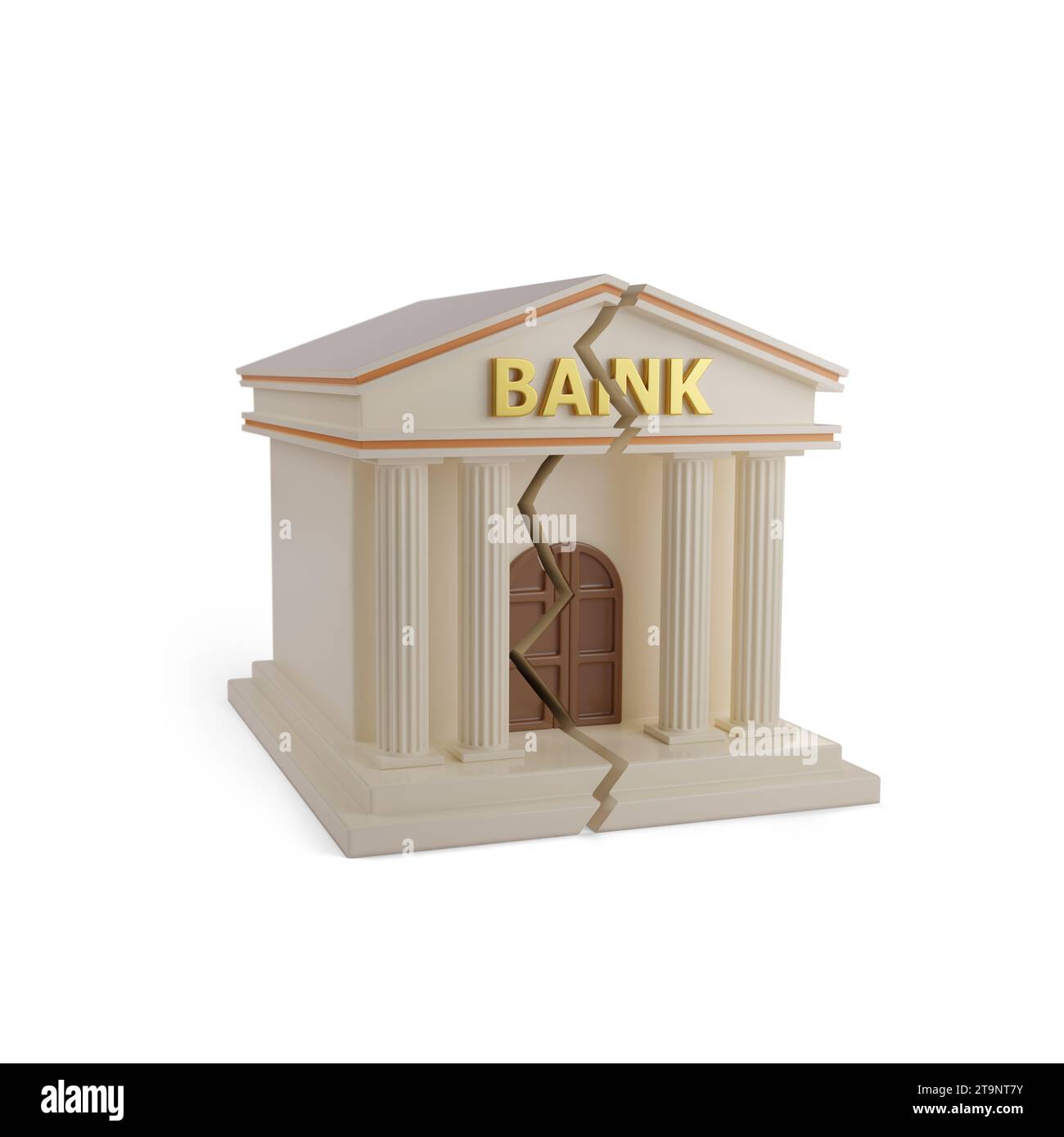L'edificio di banche si rompe isolato su sfondo bianco. illustrazione 3d. Foto Stock