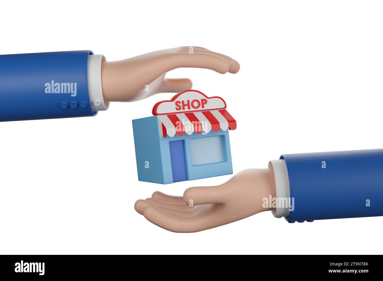 Le mani dei cartoni animati proteggono un negozio. illustrazione 3d. Foto Stock