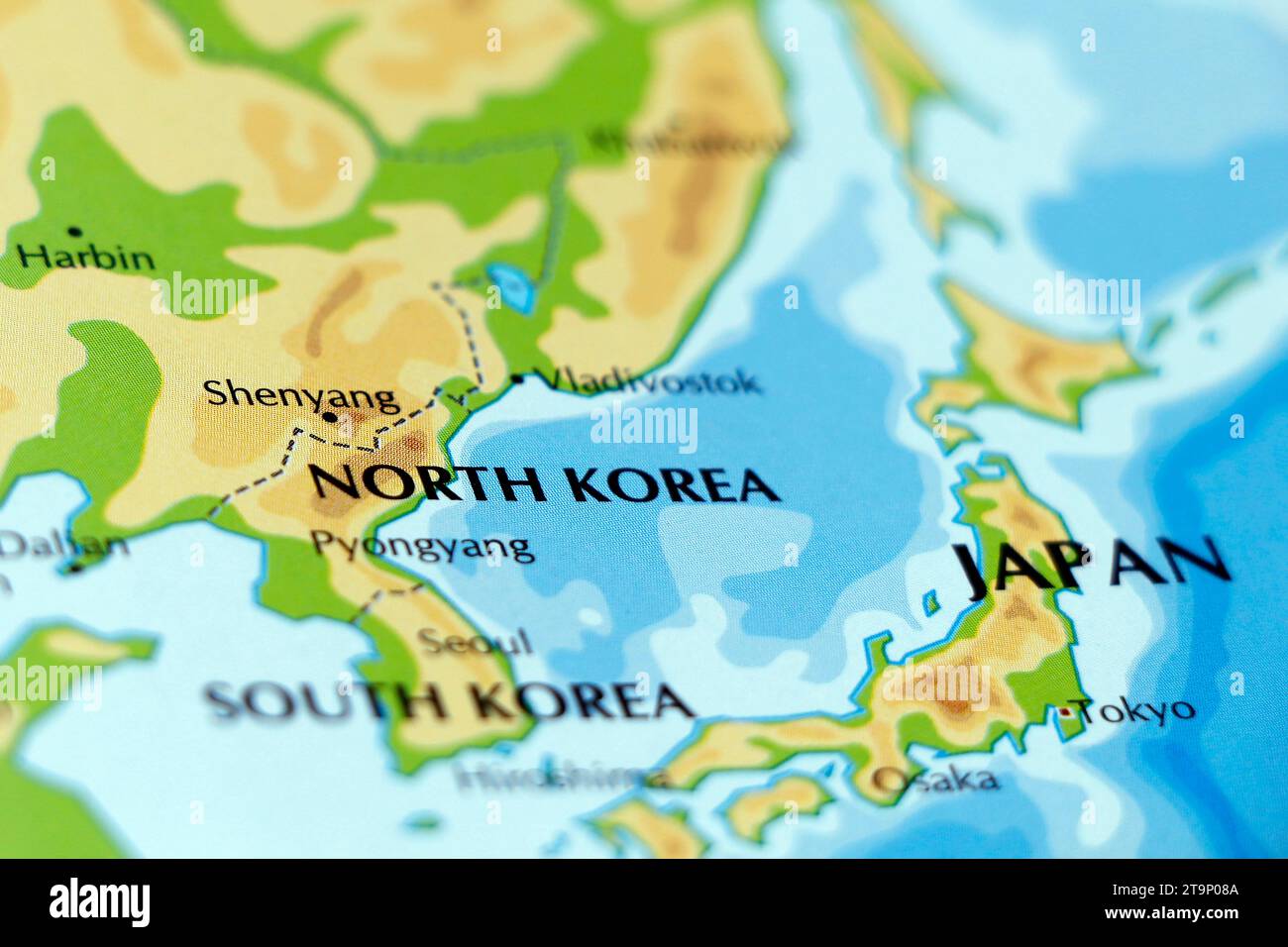 mappa mondiale della corea del nord e di pyongyang in primo piano Foto Stock