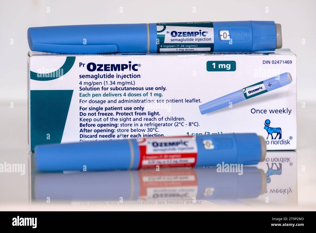 Montreal, CA - 25 novembre 2023: Penne a iniezione semaglutide Ozempic e scatola. Ozempic è un farmaco per l'obesità Foto Stock